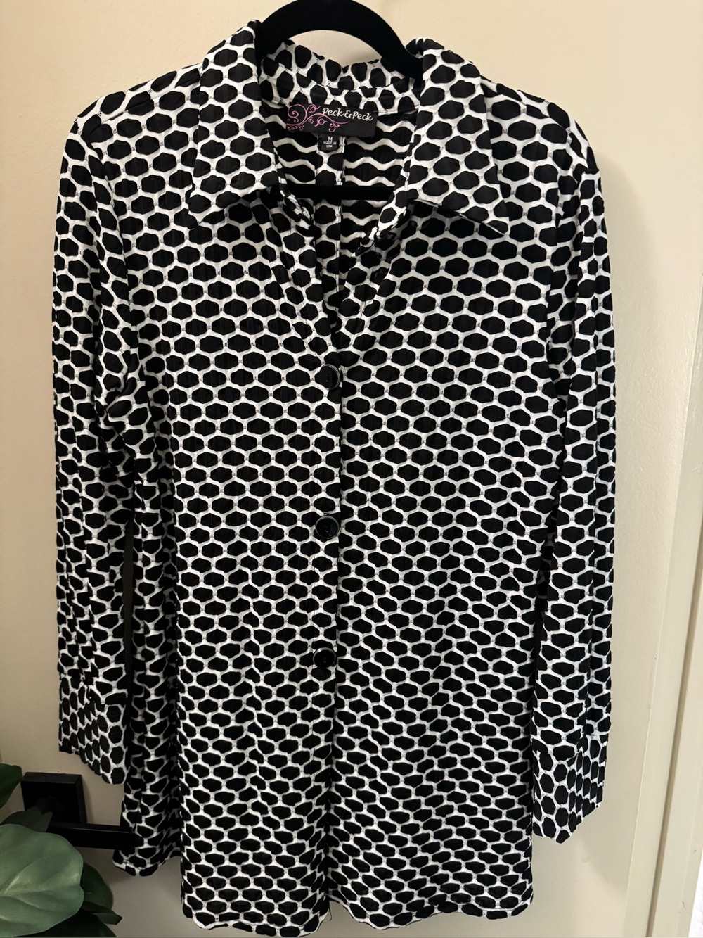 Peck & Peck Black and White Dot Knit A-Line Top/Jacket/Blouse, Button front